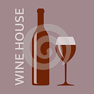 Wine glass and bottle symbol. Wine house badge or label. Vector illustration.